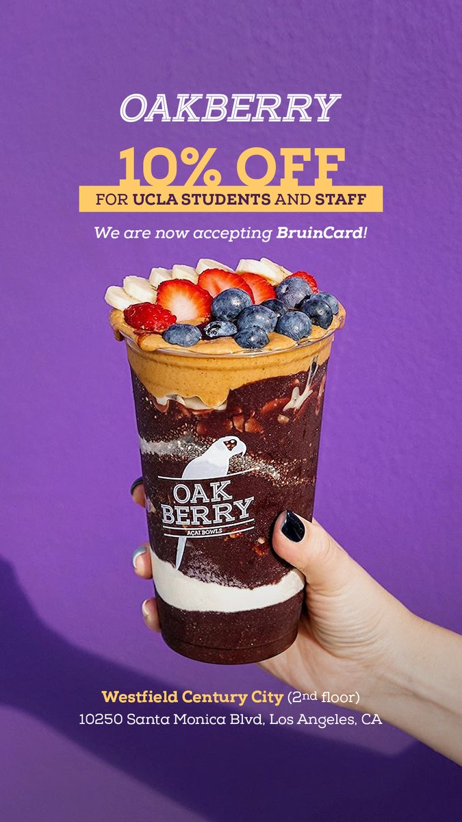 Visit our newest merchant Oakberry for 10% off 
Located in Westfield Century City Mall (2nd Floor)