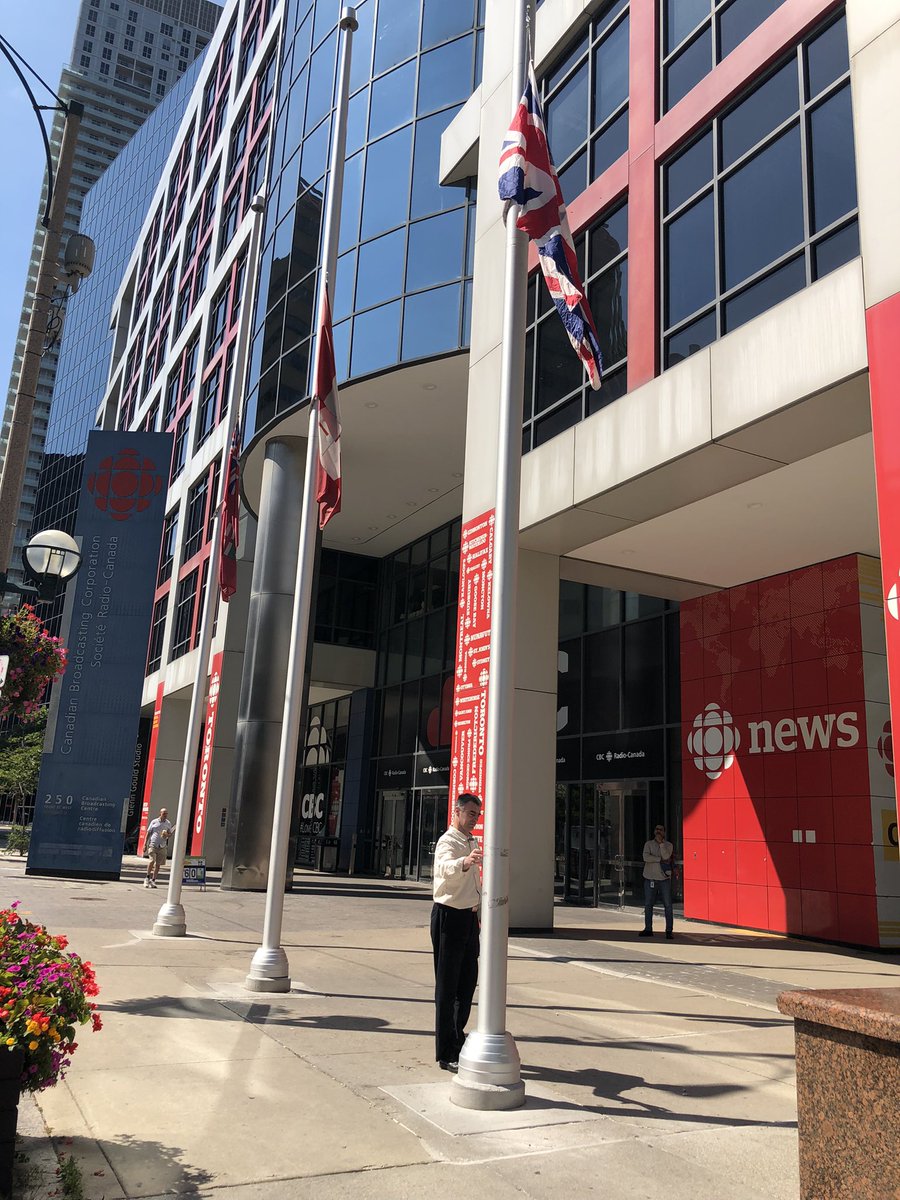 The CBC flag has been replaced with the Union Jack. All flags lowered to half mast.