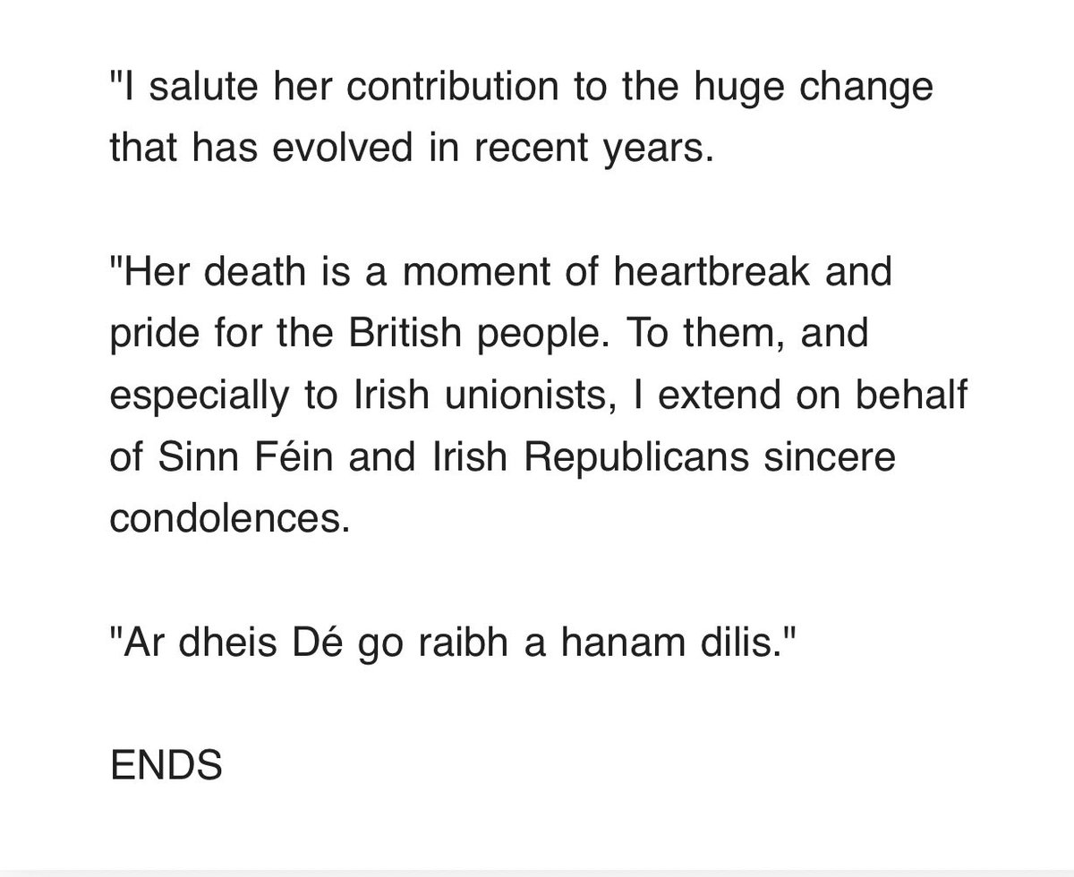 Statement from Sinn Féin’s @MaryLouMcDonald: 'Her death is a moment of heartbreak and pride for the British people. To them, and especially to Irish unionists, I extend on behalf of Sinn Féin and Irish Republicans sincere condolences.”