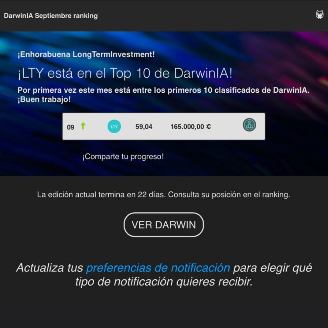 Longtermyield1's tweet photo. Nuestra cuenta @darwinex de largo plazo: LTY (LongTermInvestment) se encuentra en el TOP 10 este mes y, de seguir así, podremos conseguir inversión externa. 
Una alegría recibir este mensaje porque significa que la selección de activos que hacemos es buena 
#EducacionFinanciera https://t.co/P8EpySmehg