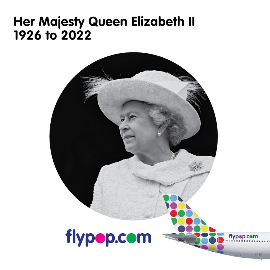 _flyPOP's tweet photo. Everyone at flypop is saddened by the news of the death of Her Majesty Queen Elizabeth II - the end of an era. 
Our thoughts and prayers are with the Royal Family, our United Kingdom and all nations of the Commonwealth. God save the King 🙏 https://t.co/5Pox7KFAiI