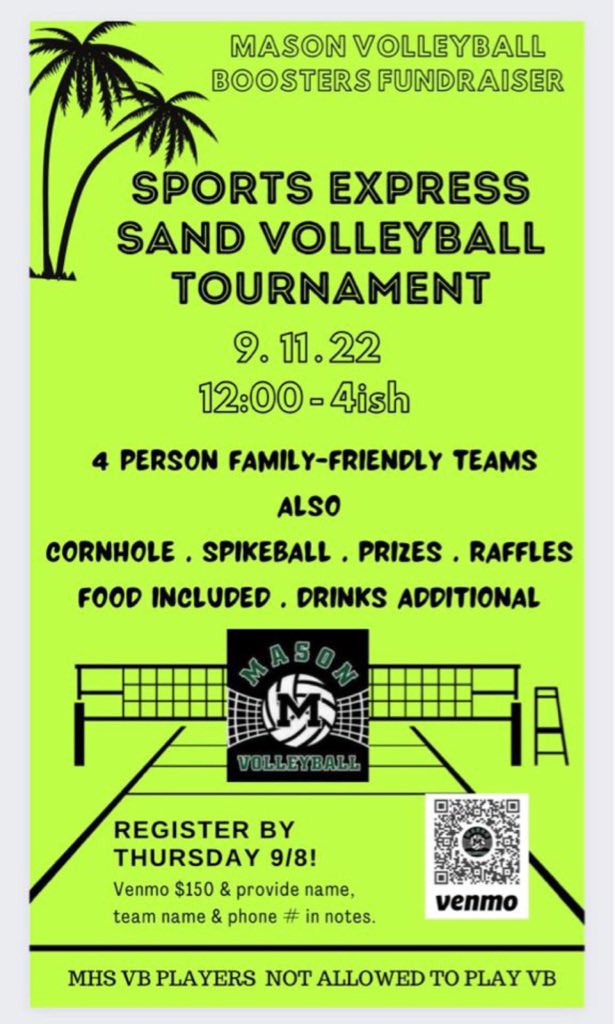 We are hosting a sand volleyball tournament THIS SUNDAY‼️Form a 4 person team and sign up by TODAY! There will also be other fun activities for everyone so come stop by between 12-4 pm!🏐
<a href="/MasonGirlsVball/">MasonGirlsVball</a> 
<a href="/MHS_BLACKHOLE/">BLACK HOLE STUDENT SECTION 🕳</a>