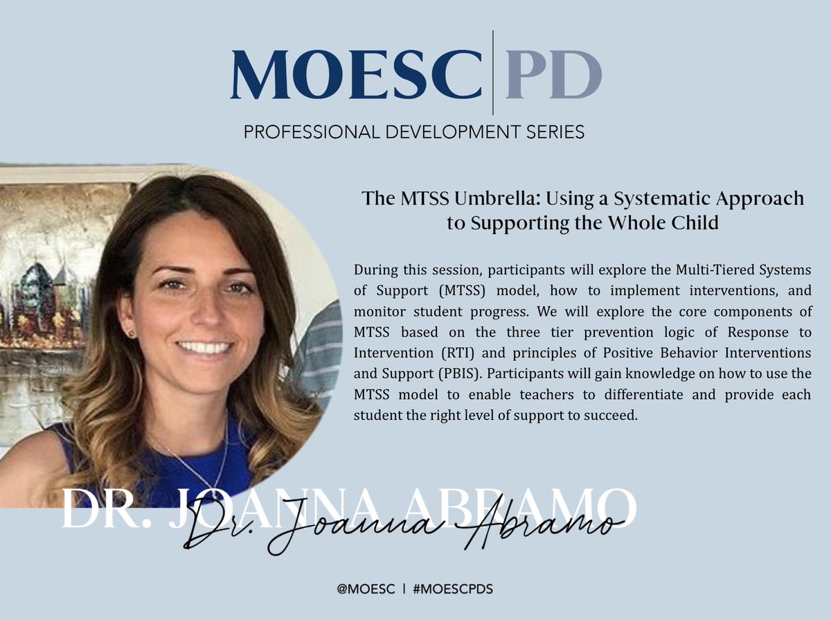 Monmouth Ocean Educational Services Commission (@moescnj) on Twitter photo #MOESCPDS SPOTLIGHT:
The MTSS Umbrella: Using a Systematic Approach to Supporting the Whole Child led by Dr. <a href="/AbramoEd/">Joanna Abramo, Ed.D.</a> ● featured during our Nov. 7th session #MOESC <a href="/DrGeorge_MU/">William O. George III</a> <a href="/DrGrayMorales/">Wendy Gray Morales, Ed.D.</a>
To register or see full list of high-quality offerings: tinyurl.com/MOESCPDS #MOESCPDS SPOTLIGHT:
The MTSS Umbrella: Using a Systematic Approach to Supporting the Whole Child led by Dr. <a href="/AbramoEd/">Joanna Abramo, Ed.D.</a> ● featured during our Nov. 7th session #MOESC <a href="/DrGeorge_MU/">William O. George III</a> <a href="/DrGrayMorales/">Wendy Gray Morales, Ed.D.</a>
To register or see full list of high-quality offerings: tinyurl.com/MOESCPDS