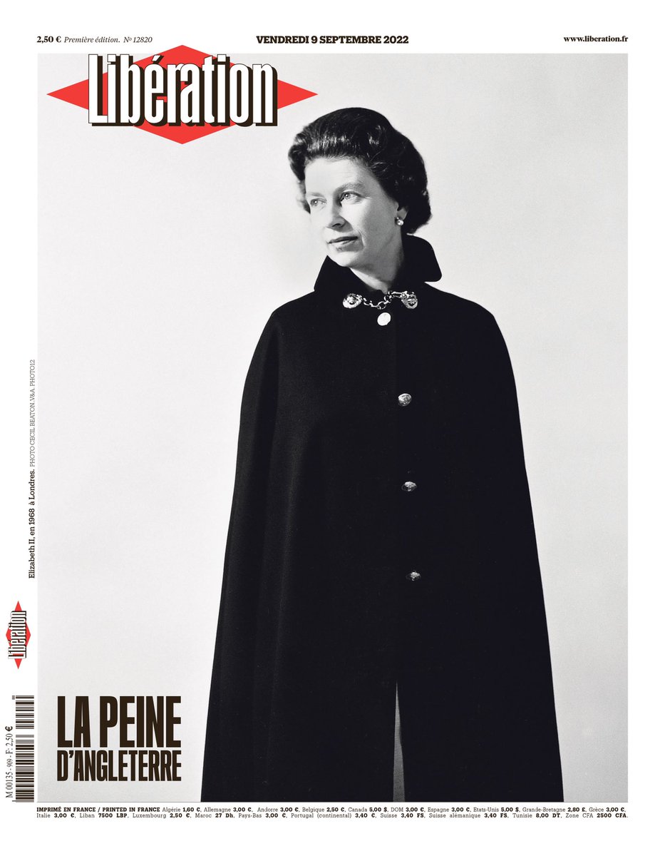 ⚫️ La peine d’Angleterre : voici la une de <a href="/libe/">Libération</a> vendredi, après la mort d’Elizabeth II 

journal.liberation.fr 
#QueenElizabeth