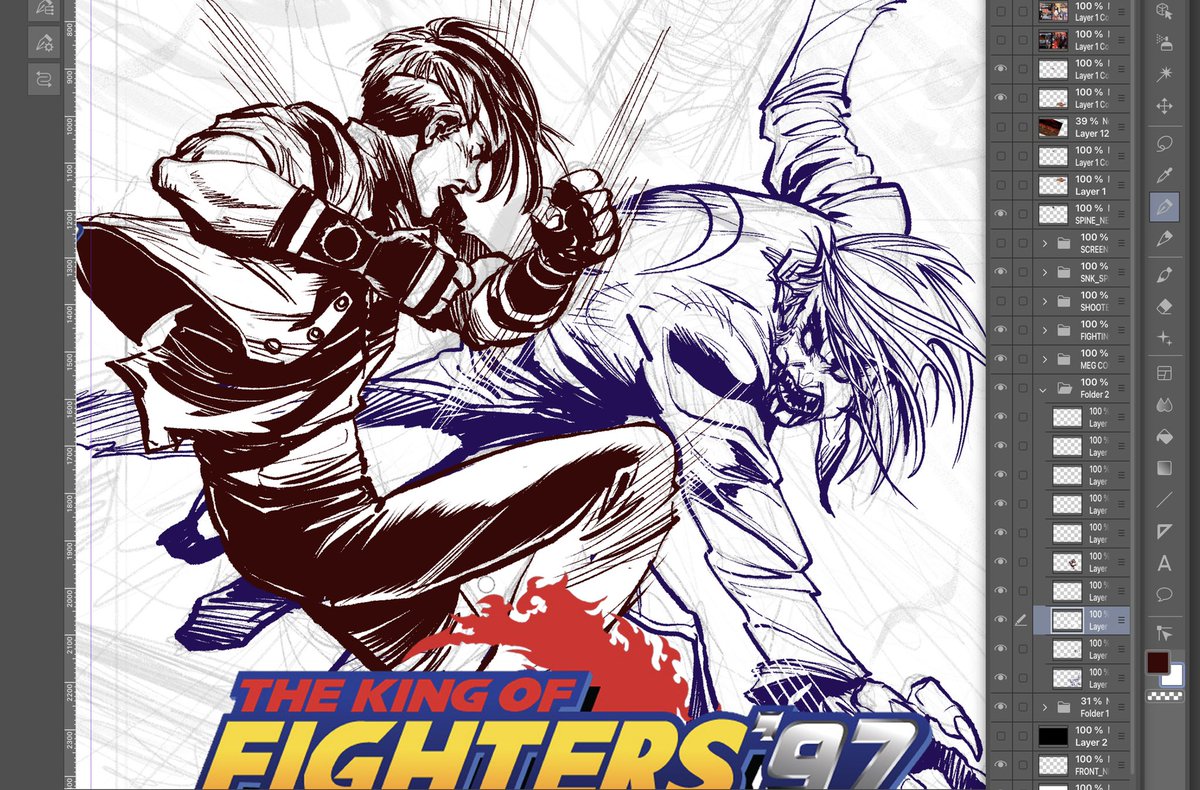 Zornow13's tweet photo. #WIP strangely digging the kinda rough/loose-e-goos-e inking I initially did on Iori, Inked Kyo similarly and now I’m digging this, still not sure if I’m gonna finish in an anime style or more illustrative #KOF97 #KOFXV #art #design #shockbox #NEOGEO #zornowmustbedestroyed https://t.co/U2LFiZO625