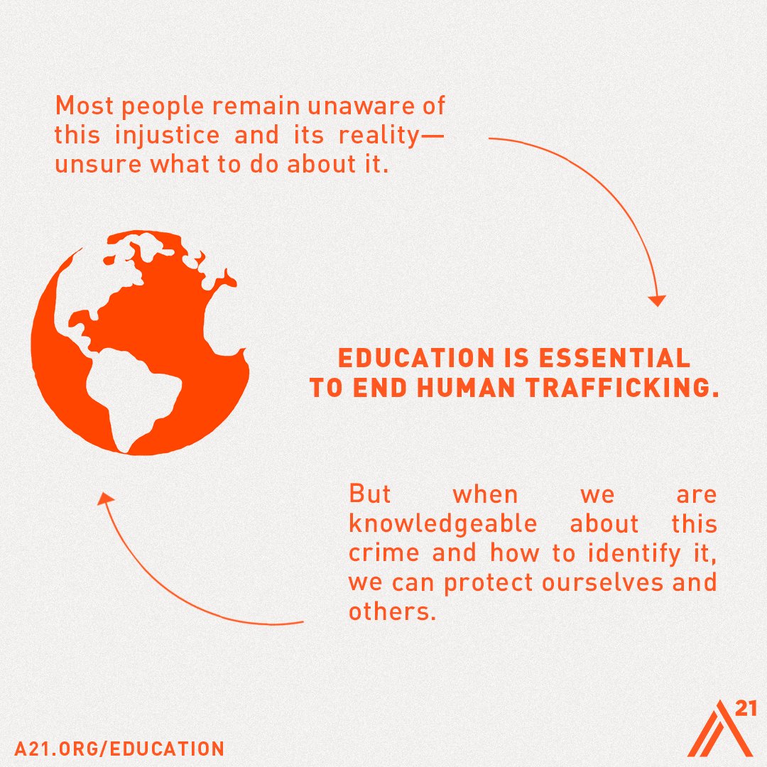 If we don’t know human trafficking exists or what to look for, how are we supposed to protect ourselves and those we love?

Education is essential to end human trafficking.

Learn more at A21.org/Education