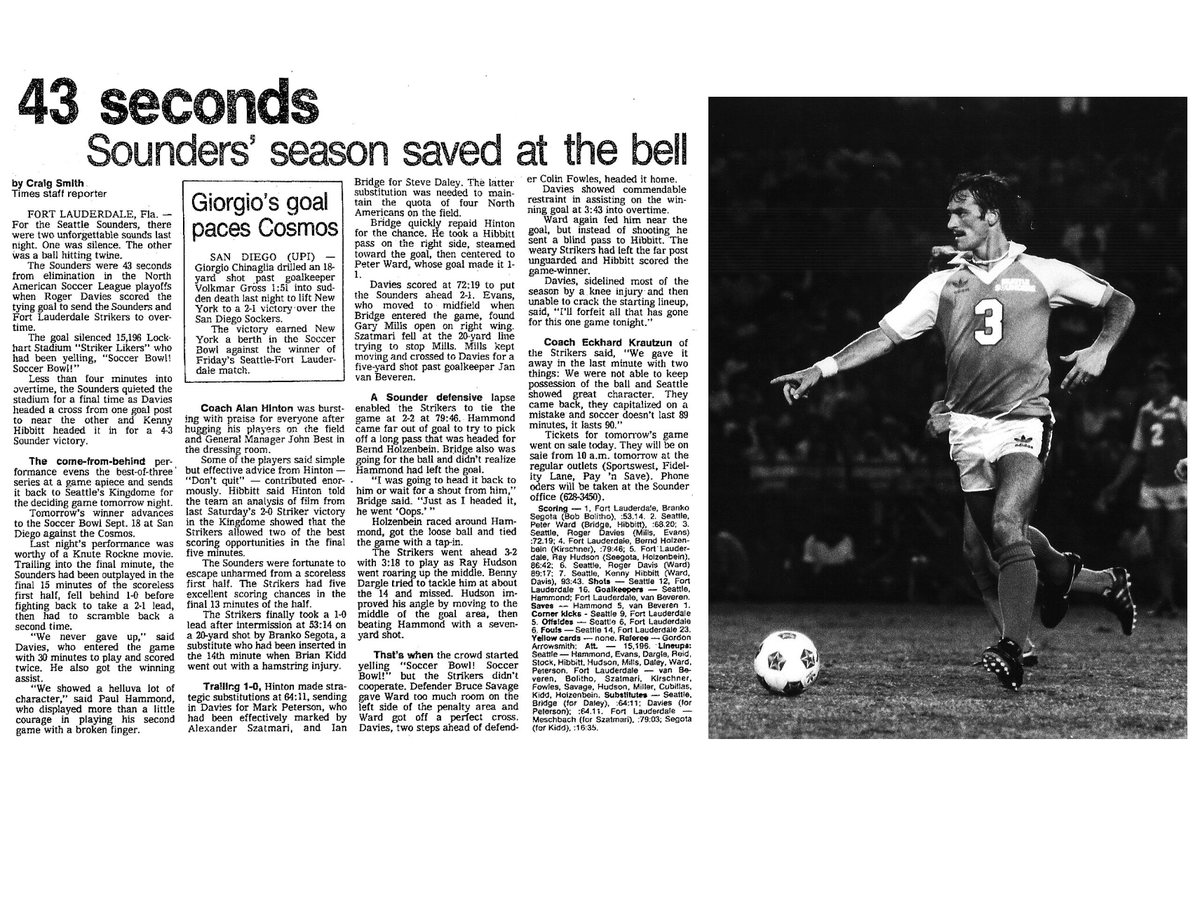 WA_Legends's tweet photo. Seattle battled back again and again to make the playoffs, and now it battles back on the road to keep the season alive. Roger Davies and Kenny Hibbitt star in a comeback for the ages. In two days, the Sounders will host the series finale. #OTD 1982 #TimeMachineSounders1982 https://t.co/3oSUMilBQM