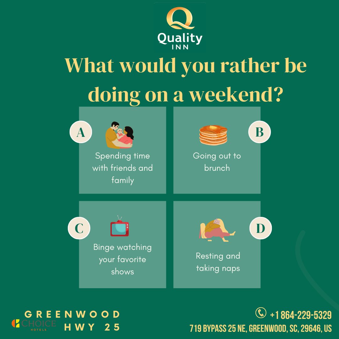 InnHwy's tweet photo. Happy Thursday! Still on holiday mood? Head to Quality Inn Greenwood Hwy 25 this weekend instead! 

To reserve your room call us directly or visit the link in our bio.  

#QualityInn #choicehotels #Greenwood #SouthCarolina  #hospitalityindustry #vacation #staycation #weekendvibes https://t.co/eTr9vlIawA