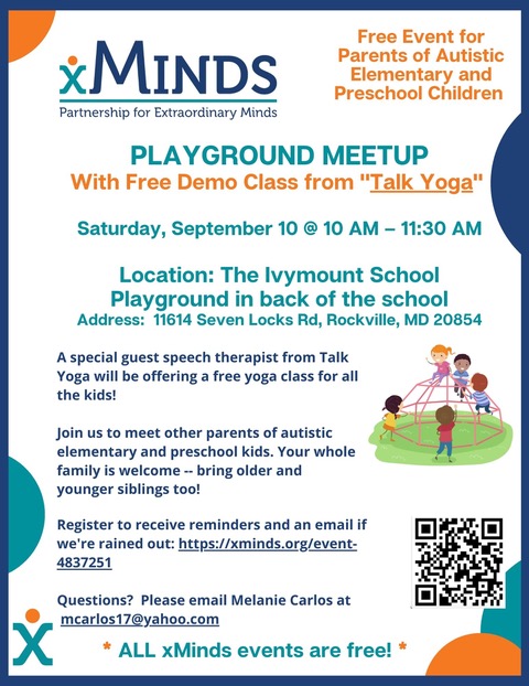 xMindsOrg's tweet photo. REMINDER: The xMinds playground meetup for autistic elementary and preschool kids — and their families — is THIS SATURDAY, September 10, 10 am–11:30 am. The forecast is looking great for some playground fun! For more details, see https://t.co/PpsNIwLmqg https://t.co/0nYQ3dNK9h
