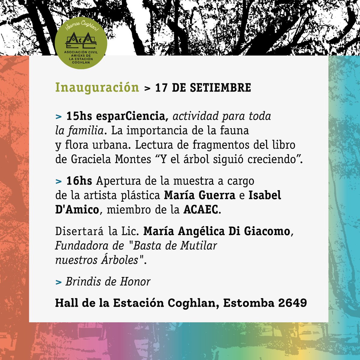 valeriaserruya's tweet photo. Nueva #MuestraDeArte!
#ÁrbolesUrbanos- Protectores Ambientales
Ante poda y tala indiscriminada de árboles, Asoc Civil Amigos Est.Coghlan (ACAEC) te invita a #ExpoDeArte +50 artistas plásticos Un honor de ser parte!
📆17/09, 16hs. Hall de Est. Coghlan, Estomba 2649 Te esperamos! https://t.co/U5IamELRXc