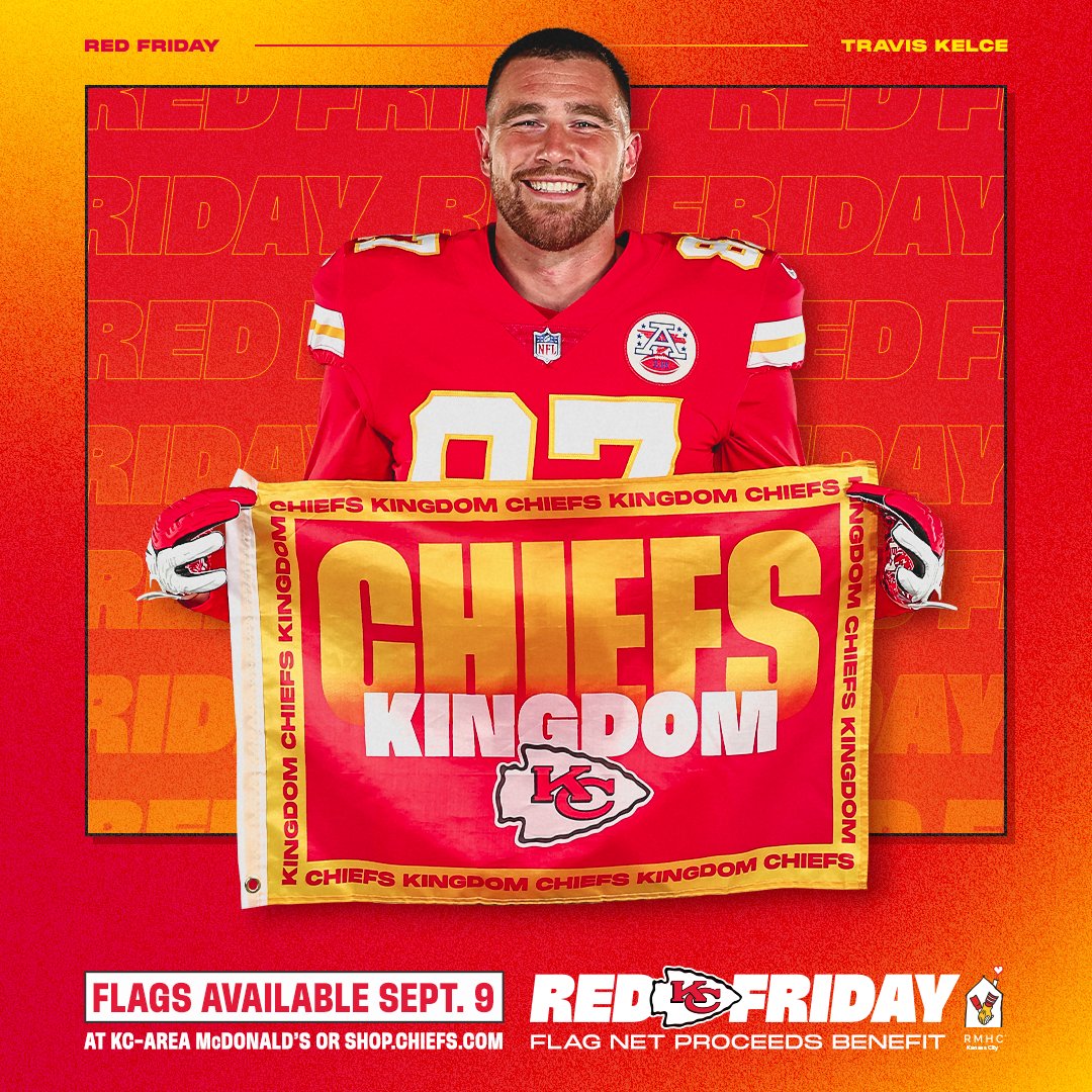 ByTheWolfe's tweet photo. The 2022 NFL season begins tonight and The Chiefs Red Friday flag sale begins tomorrow! All net proceeds benefit Ronald McDonald House Charities of Kansas City. Flags are a $5 donation. #ad #redfriday https://t.co/MFL1LrWkjg