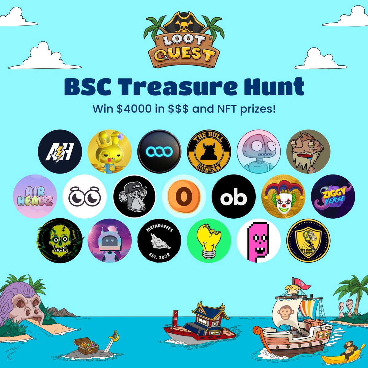 LootQuestP2E's tweet photo. ⛵️ Loot Quest #BSC Treasure Hunt ⛵️️

Solve clues sponsored by #BNBChain projects every week for chances to win $4000 in #NFTs &amp; 💸 prizes 🎉

Join the Hunt: https://t.co/E6k9u1upZA

Earn 1 entry per clue solved for the Grand Prizes🎟🏆

🥇@pancakesquadnft
🥈$150
🥉$75 https://t.co/7RSgMIxGOE