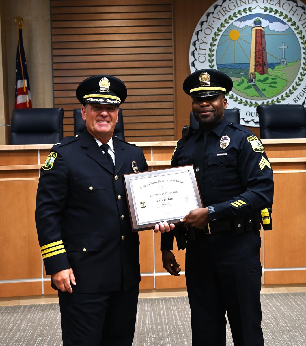 VBPD's tweet photo. Today, VBPD celebrated 3 officers who were promoted to Sergeant, Lieutenant and Captain. Please join us in congratulating Sergeant Derek Reed, Lieutenant William "Christian" Rutherford and Captain Colin Elliot! These three have over 57 years of police experience! Way to go! https://t.co/nLIx6ZQEkc