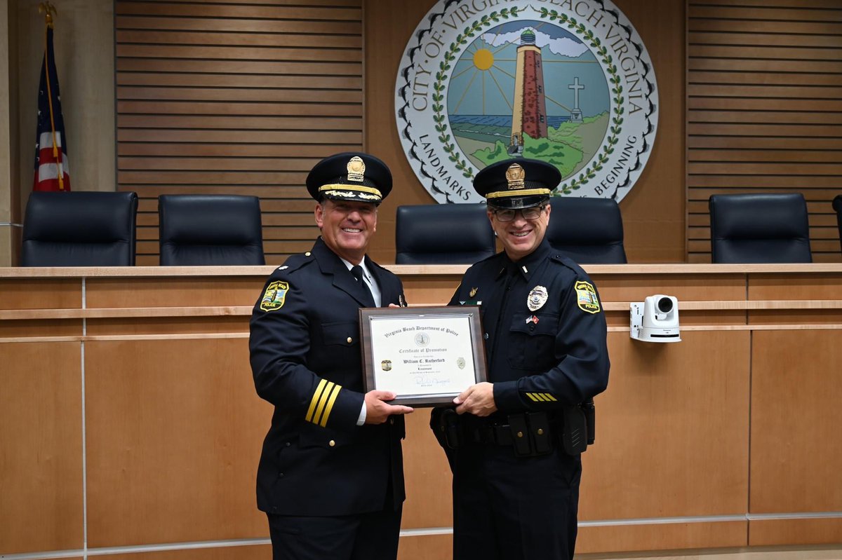 VBPD's tweet photo. Today, VBPD celebrated 3 officers who were promoted to Sergeant, Lieutenant and Captain. Please join us in congratulating Sergeant Derek Reed, Lieutenant William "Christian" Rutherford and Captain Colin Elliot! These three have over 57 years of police experience! Way to go! https://t.co/nLIx6ZQEkc