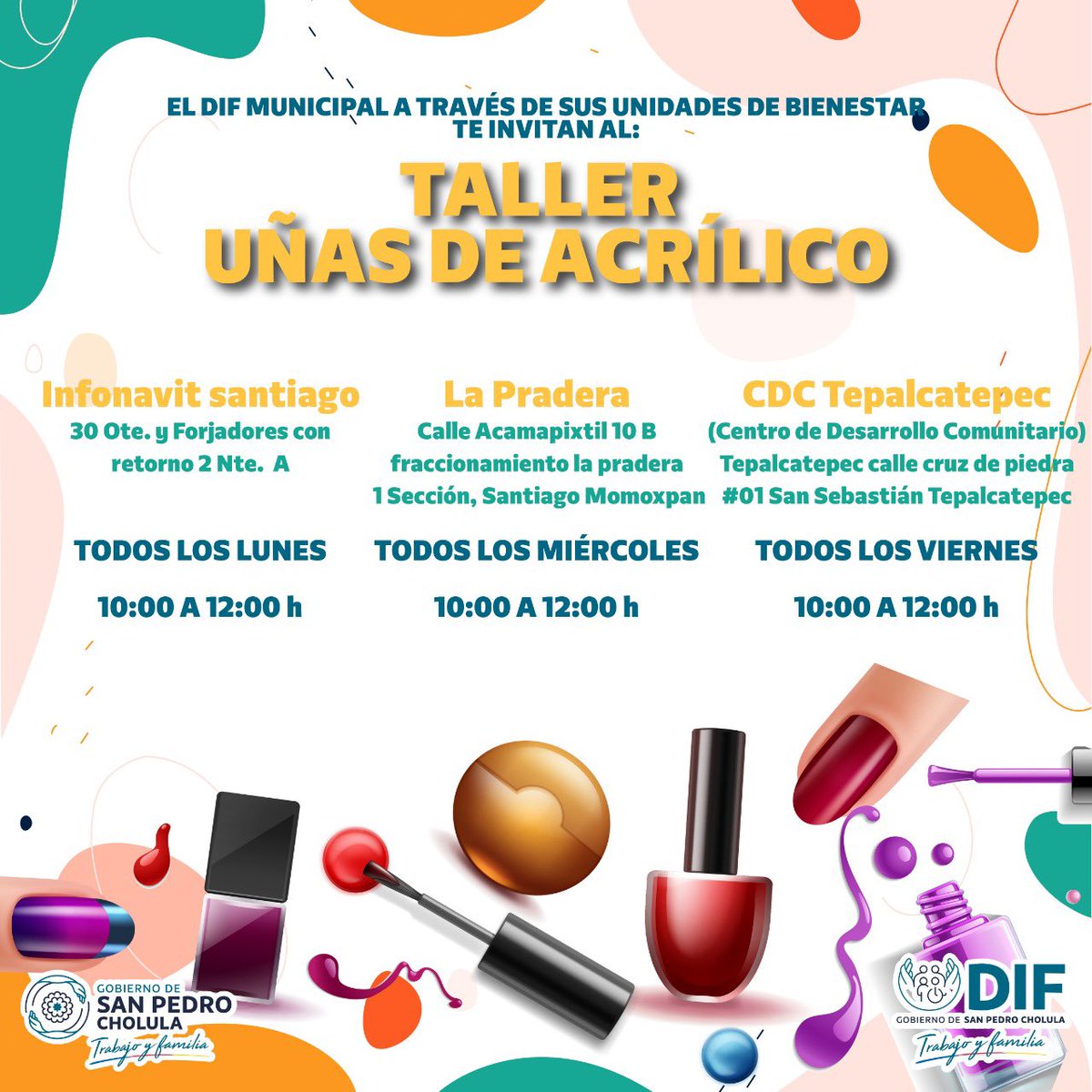 CholulaDIF's tweet photo. 💅 #TalleresDIF | Te invitamos al taller "uñas de acrílico", con el objetivo que puedas aprender y emprender tu propio negocio.

Te dejamos los puntos y horarios donde se imparte este taller, acude al más cercano.

¡Te esperamos! https://t.co/mfnVjyxNq5