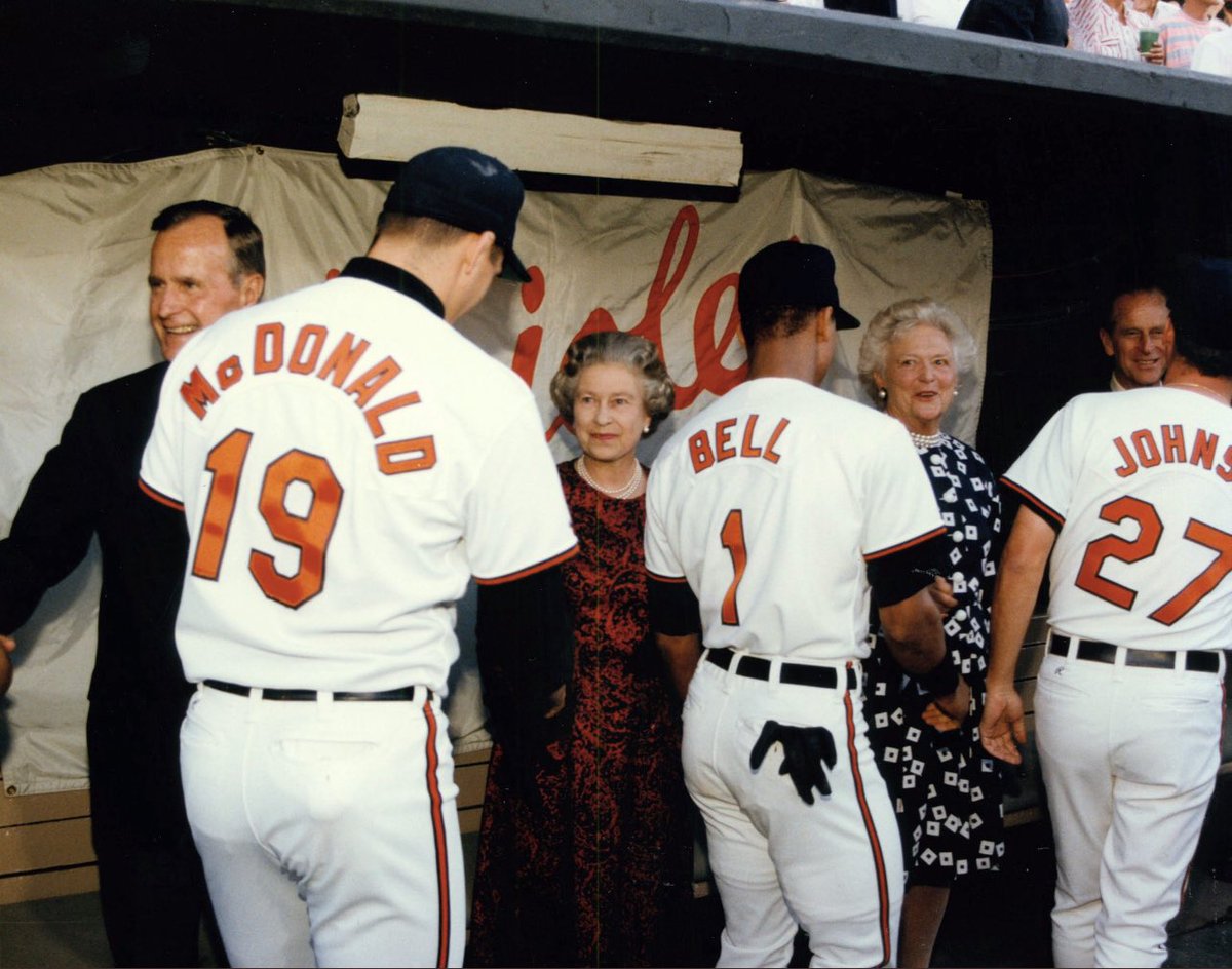 realbenmcdonald's tweet photo. I remember this like yesterday 1991 #MemorialStadium …not everyday you get to meet a Queen and a President! Made so many memories playing baseball…this one…I will never forget! My thoughts and prayers are with her family…what a legacy #QueenElizabeth leaves behind! 🙏 https://t.co/2lddnK403t