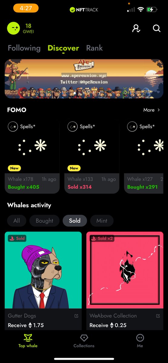 Surprise! 🙌

<a href="/ApeReunion/">Ape Reunion</a> has been added as the top banner on #NFTTrack 🎉

This user friendly mobile app and browser app is used by thousands of #NFT collectors to learn about the market, #web3, portfolio analysis &amp; create alerts for trading!

📈Go follow <a href="/NFTTrack/">NFTTrack.ai 🚀🌕 | Follow Whale&Find Next BlueChip</a> &amp; <a href="/yixiu9527/">YìBó🧡DOG</a>
