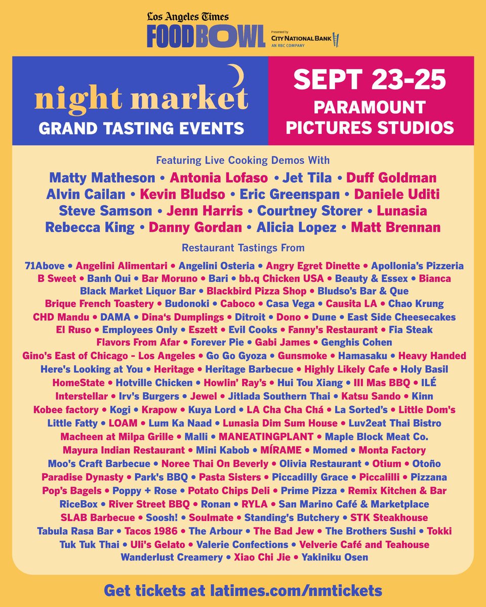 ⭐️ We’re 15 days away from Night Market 2022!! ⭐️ Who are you most excited to see? Or more importantly, what are you excited to eat? 😋

Tickets are on-sale now at latimes.com/nmtickets! ❤️ #lafoodbowl presented by <a href="/CityNational/">City National Bank</a>