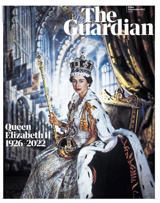 PippaCrerar's tweet photo. Friday’s @guardian front page: Queen Elizabeth II 1926-2022 https://t.co/wXQriAcILu