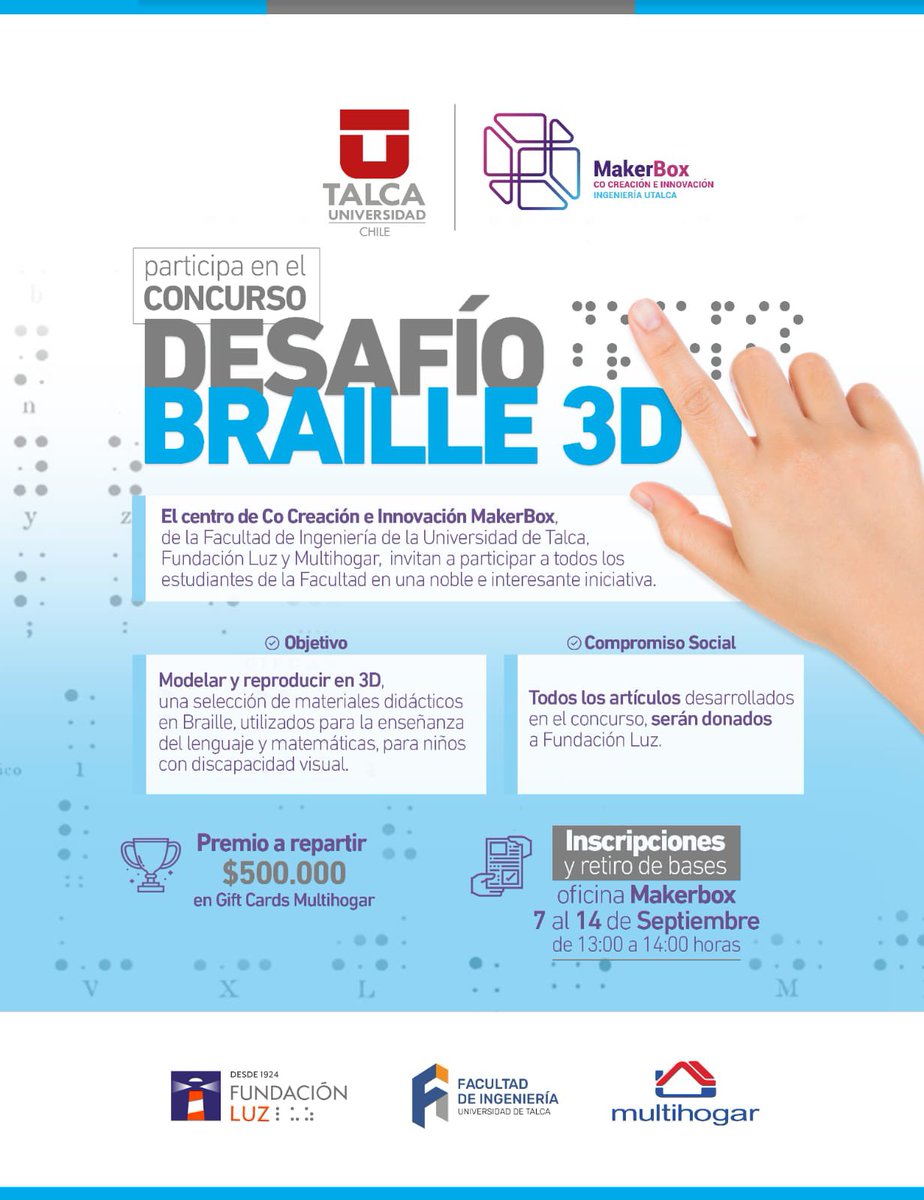 #AlertaDeConcurso ⚠️⚠️

Participa de esta noble causa, y haz una propuesta que postule a los premios de incentivo económico que ofrece #MakerBox junto a Fundación Luz y Multihogar 🗜💻📟💡

Bases y + info 👇 
Acércate a la oficina de Maker Box, en la Facultad de #IngenieríaUTalca