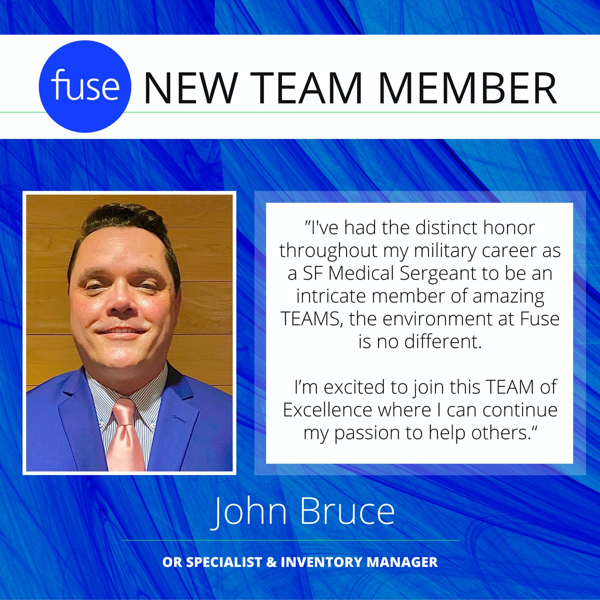 Fuse_FZMD's tweet photo. Another stellar addition to the Fuse Team!  Please, welcome John Bruce.  Proud to have you on-board and thank you for your military service! #veteran 

#proudtoFUSE #FUSEready #FZMD https://t.co/y2PiCjJdgK