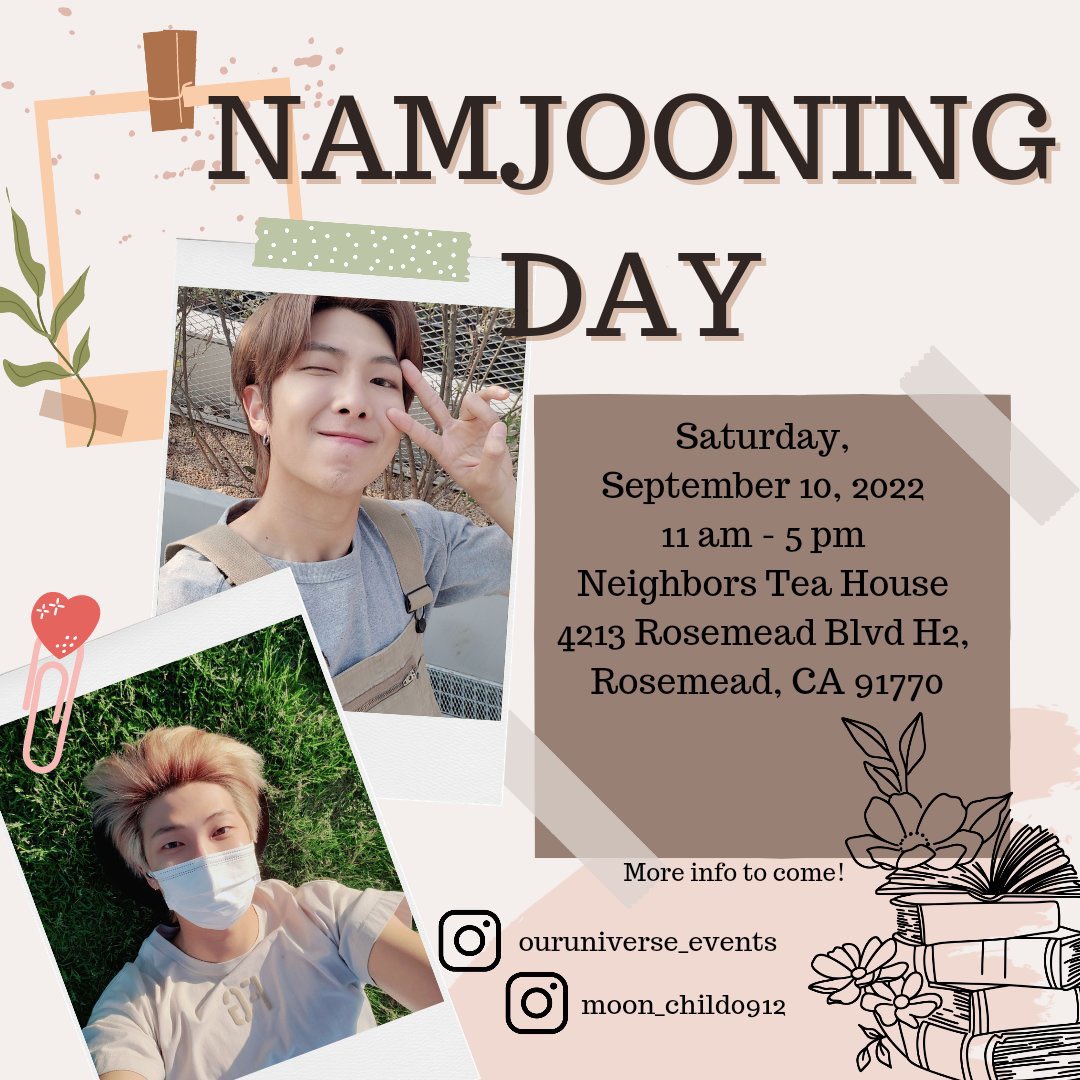 cakpopcups's tweet photo. horns or halo hosted by @MagicHourCafee 
namjooning day hosted by @OurUniverseOT7 
kpop photocard trading event hosted by @/peachy.kpop.events (ig)
namjooning field trip to the huntington library hosted by @SoCalARMYs https://t.co/Uv2nSUcEXn