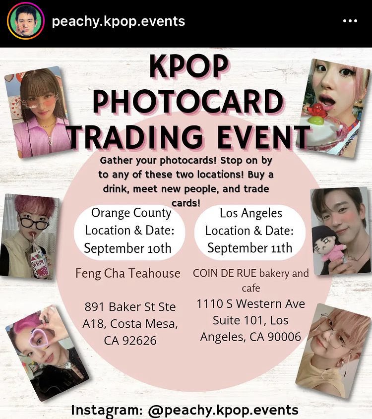 cakpopcups's tweet photo. horns or halo hosted by @MagicHourCafee 
namjooning day hosted by @OurUniverseOT7 
kpop photocard trading event hosted by @/peachy.kpop.events (ig)
namjooning field trip to the huntington library hosted by @SoCalARMYs https://t.co/Uv2nSUcEXn