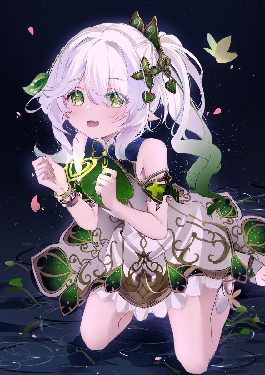 nahida (genshin impact) 1girl green eyes dress solo hair ornament white hair pointy ears  illustration images