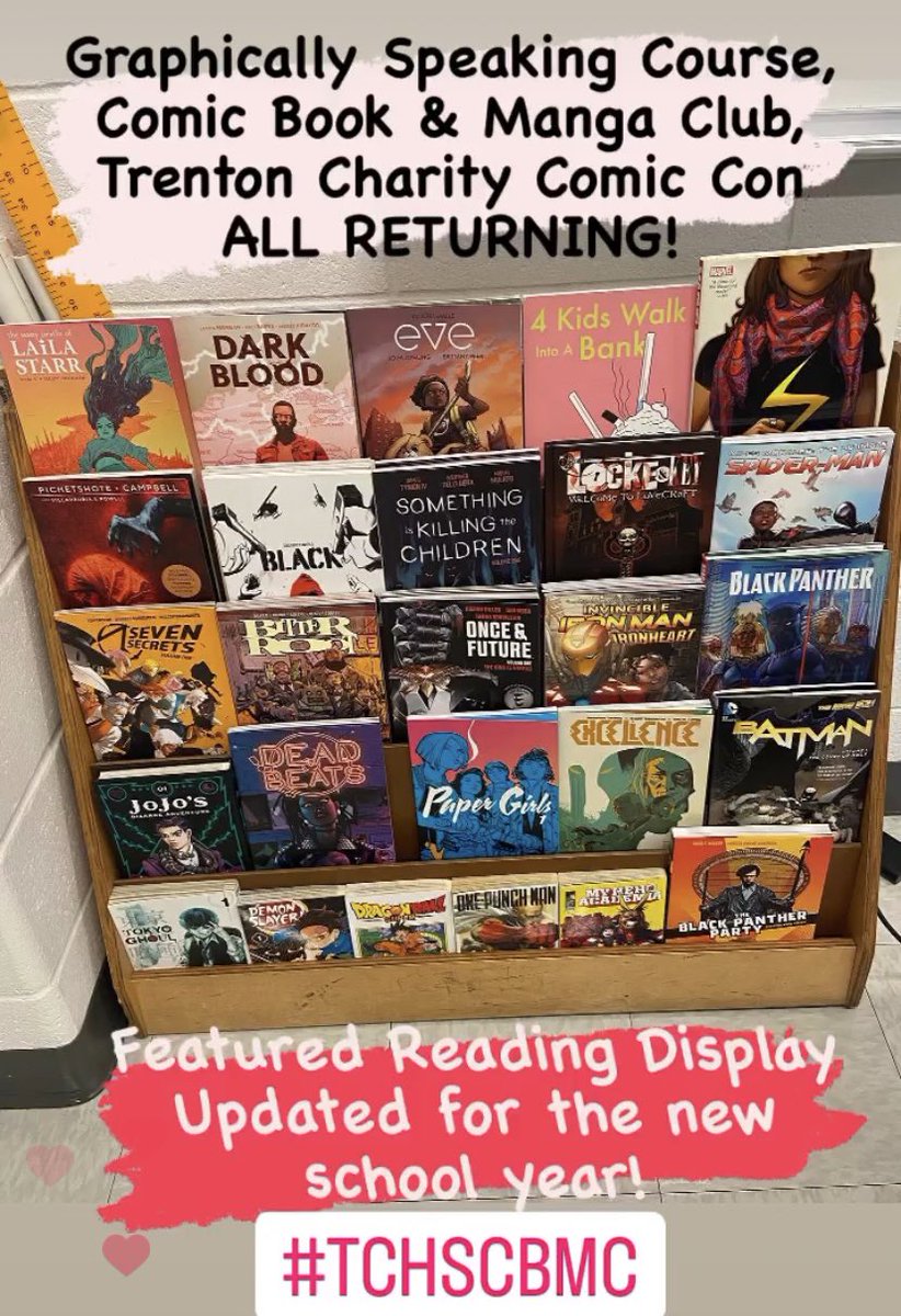 TCHSComicClub's tweet photo. First day back for students, and I’d argue they walked into the dopest class library in the country! Comic Book &amp; Manga Club Tuesdays after school, 2nd year of our course “Graphically Speaking,”&amp;Trenton Charity Comic Con Returns Saturday 4/1/23! #tchscbmc #trentoncharitycomiccon https://t.co/uNhrs7zVLW