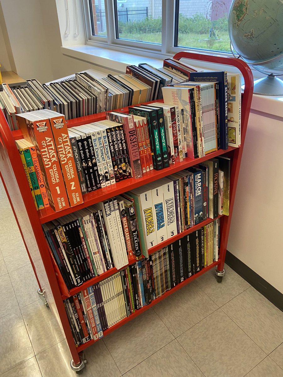 TCHSComicClub's tweet photo. First day back for students, and I’d argue they walked into the dopest class library in the country! Comic Book &amp; Manga Club Tuesdays after school, 2nd year of our course “Graphically Speaking,”&amp;Trenton Charity Comic Con Returns Saturday 4/1/23! #tchscbmc #trentoncharitycomiccon https://t.co/uNhrs7zVLW