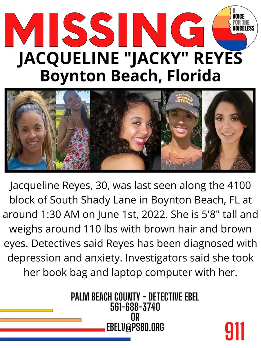 AwarenessTCS's tweet photo. A mother is desperately pleading for help finding 30y/o Jacqueline “Jacky” Reyes - last seen leaving her house in Boynton Beach #Florida Wednesday, June 1.

#missing persons report filed on July 1st

#JackyReyes 
#jacquelinereyes #BoyntonBeach #blackandmissing #missingperson https://t.co/DcTretlour