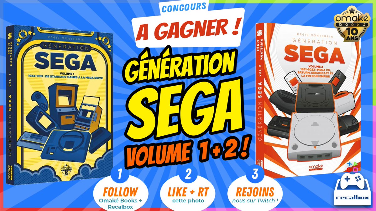 recalbox's tweet photo. 🎁 CONCOURS - RECALBOX 🎁
A GAGNER : VOS 2 LIVRES GÉNÉRATION SEGA Vol. 1 + Vol. 2 de @Manga56 !😍🚀🔥 
POUR JOUER 🇫🇷 :
✅1-FOLLOW @recalbox &amp; @omakebooks 
✅2-LIKE &amp; RT ce post
✅3-🤞 (et rejoins-nous sur Twitch! ==> https://t.co/nuBYphwyci)
BONNE CHANCE! 🤞😀🍀 https://t.co/Jk09IkrQvF