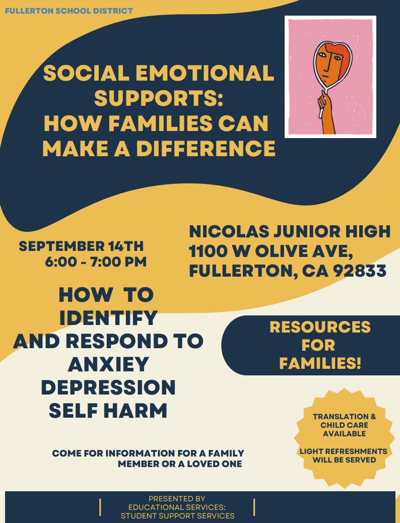 fsd_ccspp's tweet photo. FSD Parents, Caregivers &amp; Families come join us on Wednesday, September 14th from 6pm-7pm @NicolasKnights to learn about Mental Health, Social Emotional Supports &amp; Resources for @FullertonSD Students #FSDLearns https://t.co/StpRctWwN7