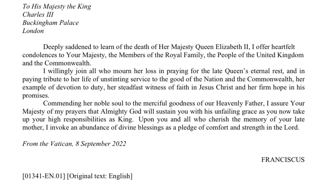 A message from Pope Francis to King Charles on the death of Queen Elizabeth II.