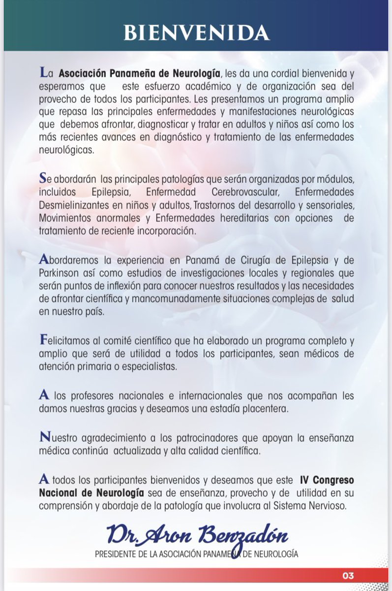 DrNelsonNovarro's tweet photo. Hoy inicia el IV Congreso Nacional de la Asociación Panameña de Neurología, donde contaremos con expositores nacionales e internacionales. Aquí les comparto el programa. Están todos cordialmente invitados. #APANE https://t.co/jII2QVP1bu