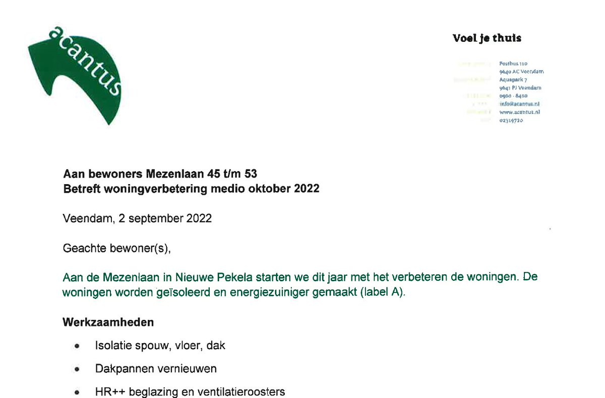 Er zijn namens Acantus nepbrieven verstuurd naar bewoners in Nieuwe Pekela. Hierin worden verduurzamingswerkzaamheden aangekondigd.

Heeft u onlangs een brief van ons gekregen en twijfelt u aan de echtheid? Bel dan ons KCC  via 0900-8400. Lees hier meer: acantus.nl/over-acantus/o…