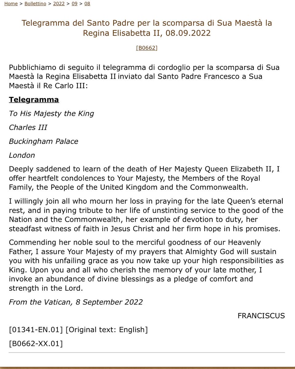 Il telegramma di #PapaFrancesco per la morte della #ReginaElisabetta