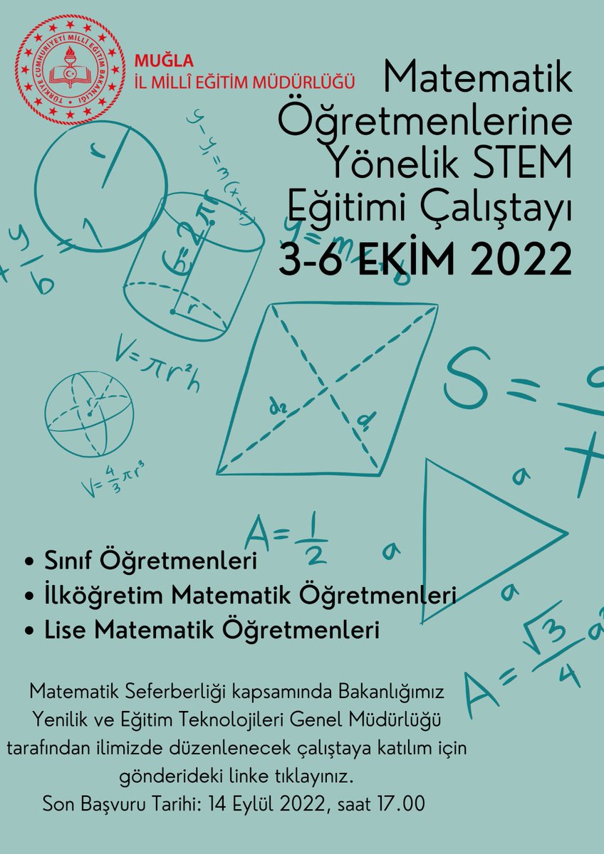 Muğla ilinde görev yapan öğretmenlere yönelik düzenlenecek çalıştaya başvurmak için linke tıklayınız: forms.gle/CoTU7dmQnEMpwz…
