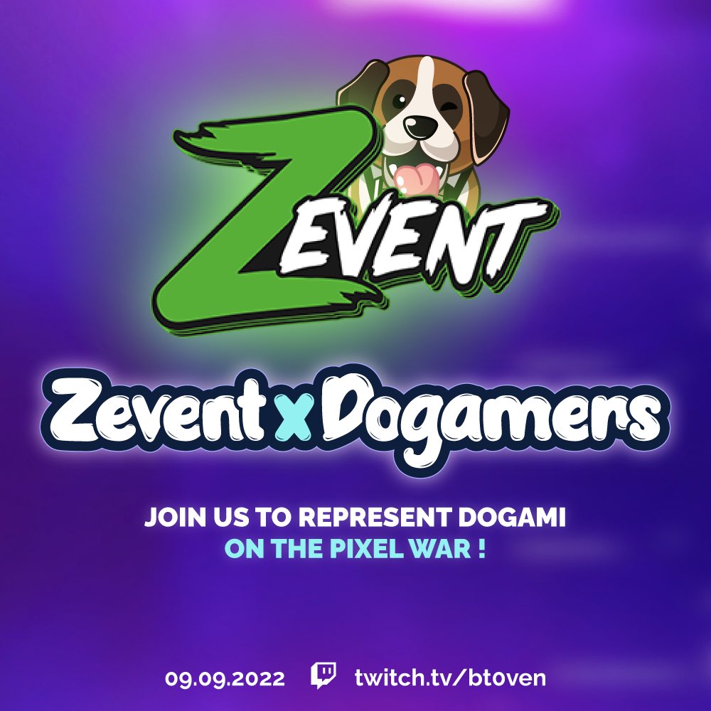 bt0ven's tweet photo. Let’s represent @Dogami community 💜

Tomorrow the @ZEventfr start with the legendary Pixel War 👾 

💎 Beethoven made a request… He really want to see Dogamí’s logo in the pixel wall 

⚔️  Who join the War ?

👉 18H CET on https://t.co/umaEpB7pxq 

#Dogami #Zevent #tezos https://t.co/eXzugJYdEa