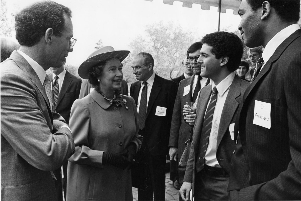 Stanford's tweet photo. Looking back on this March 1983 campus visit as the world marks the passing of Queen Elizabeth II.

University president Donald Kennedy hosted a luncheon at Hoover House for the monarch and her husband, Prince Philip, along with several invited guests and students. https://t.co/WNH9Wjppfa