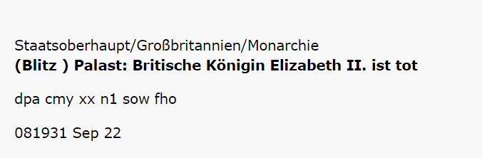 Die Deutsche Presse-Agentur hat heute um 19.31 Uhr erstmals seit 22 Monaten wieder eine Blitzmeldung gesendet und zwar die 62. seit der <a href="/dpa/">dpa</a>-Gründung im Jahr 1949.