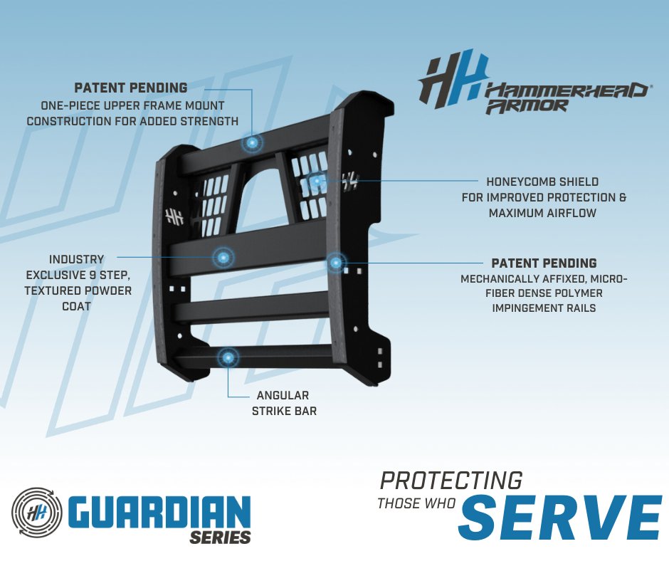 Introducing our NEW, Guardian Series, Grille Guard! 

➡️ Patent Pending one-piece upper frame mount construction for added strength 
➡️ Patent Pending mechanically affixed, micro-fiber dense polymer impingement rails 

#HammerheadArmor #AmericanMade #MadeintheUSA #backtheblue