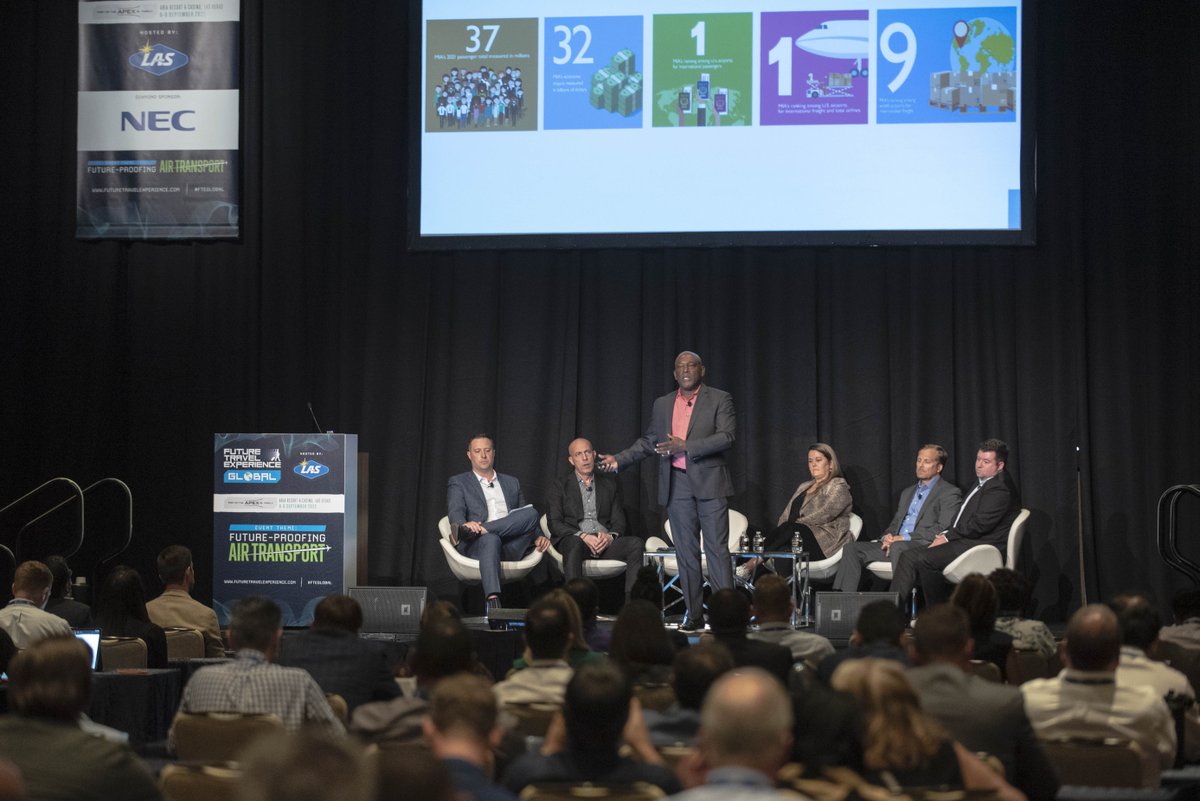 NEC's tweet photo. We had a great session yesterday at #FTEGlobal with CBP, Miami International Airport, Lufthansa, SITA and NEC discussing the latest airport implementations and digital transformation. The future of travel is looking bright! #DigitalID #AI #iDelight https://t.co/yXZZ9ycQf7