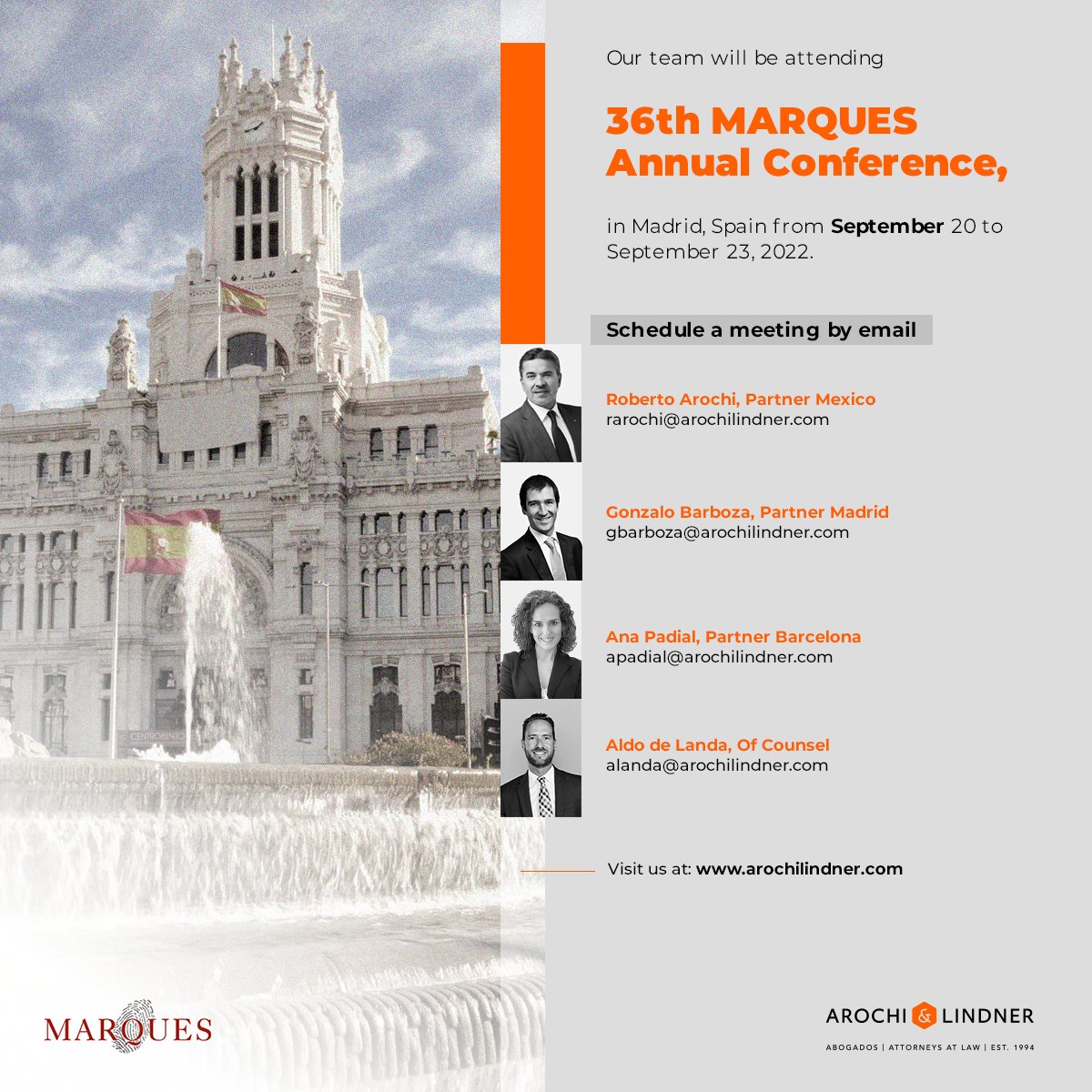 ArochiLindner's tweet photo. Our team will be attending 36th MARQUES Annual Conference, in Madrid, Spain from September 20 to September 23, 2022.

Get in contact with our experts:
📧info@arochilindner.com https://t.co/Br6sWVCL35