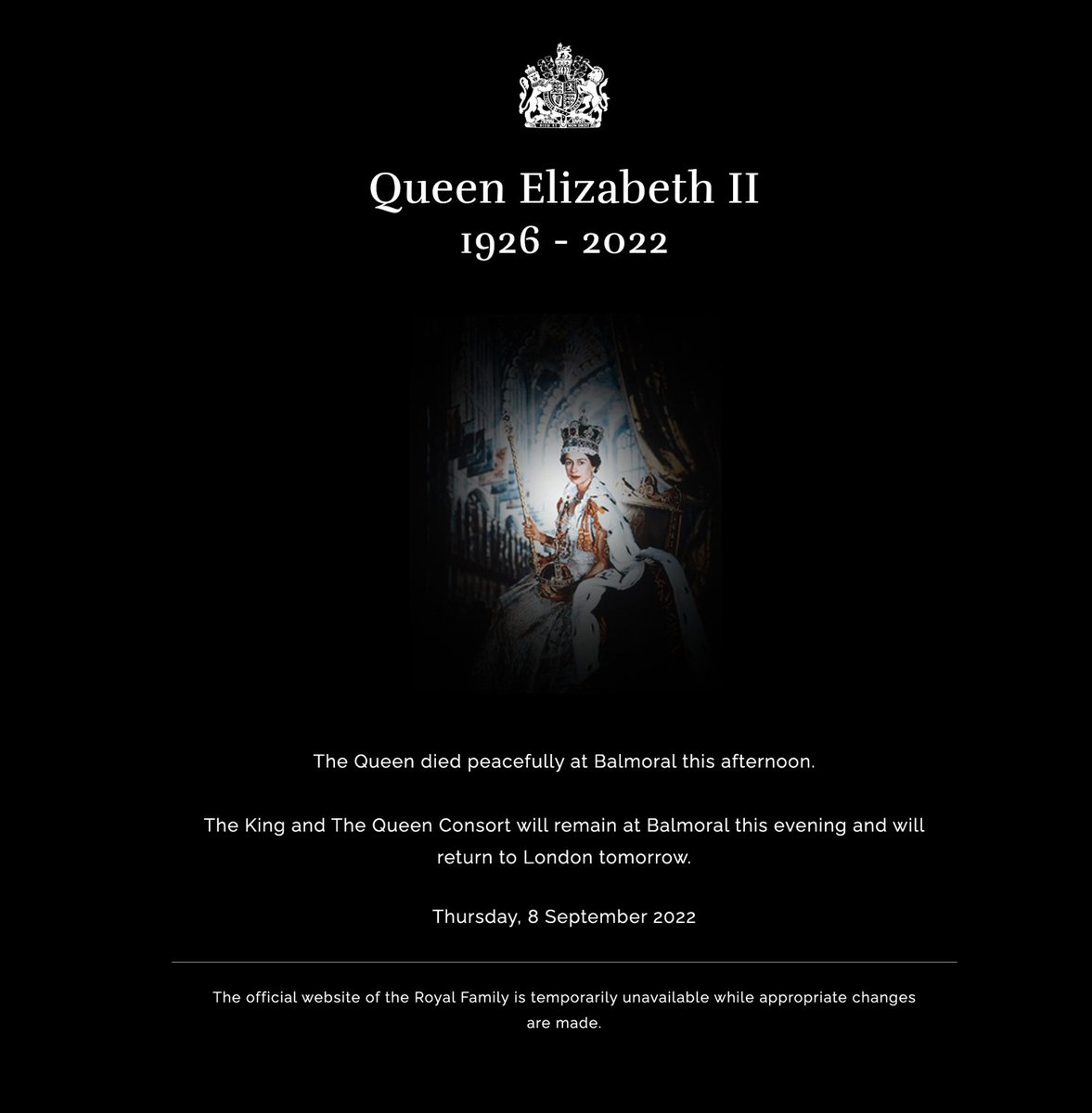 cnni's tweet photo. The website of the British Monarchy has gone dark following the death of Queen Elizabeth II. https://t.co/p4QnoaJnjY https://t.co/LxM7hDKOQV