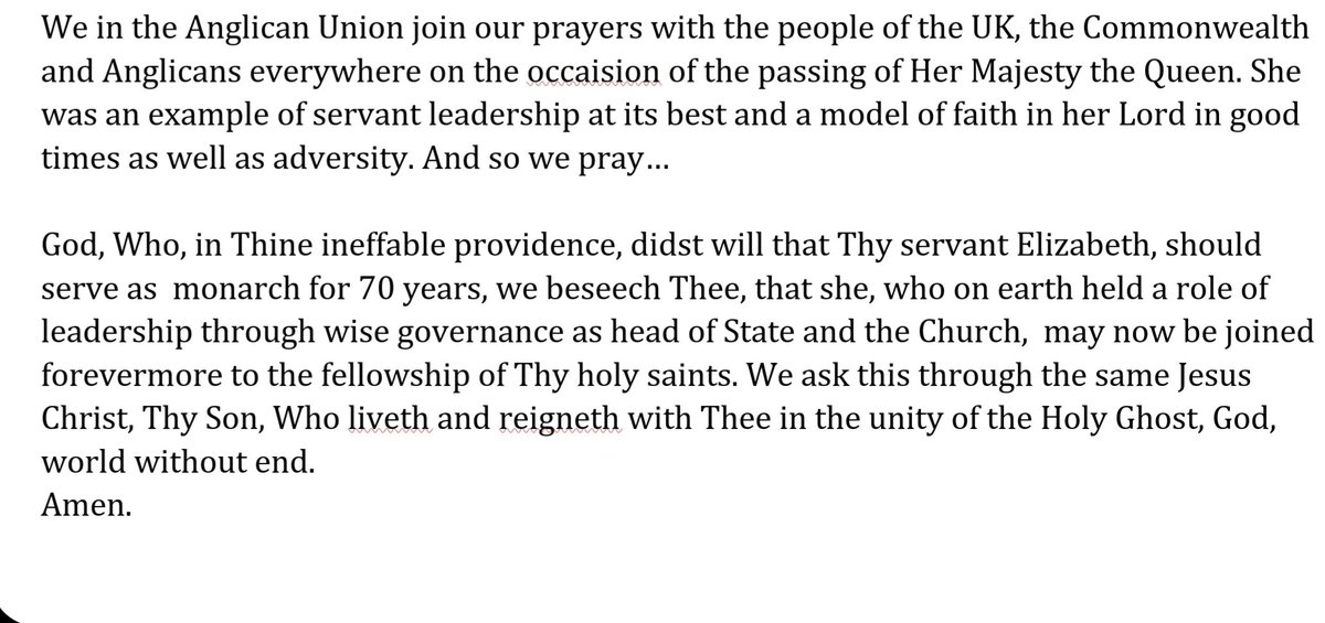 AnglicanUnion's tweet photo. The Anglican Union expresses prayers and condolences on the passing of Her Majesty Queen Elizabeth II. https://t.co/8TGDkY9Klm