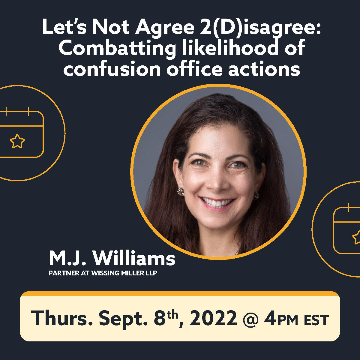 AltLegalHQ's tweet photo. Starting soon! Don’t miss today’s CLE webinar where @MJWilliams_Law will provide you with practical solutions to overcoming §2(d) refusals. Register: https://t.co/Bqv4h8zmxz https://t.co/dxxuyFzMAE