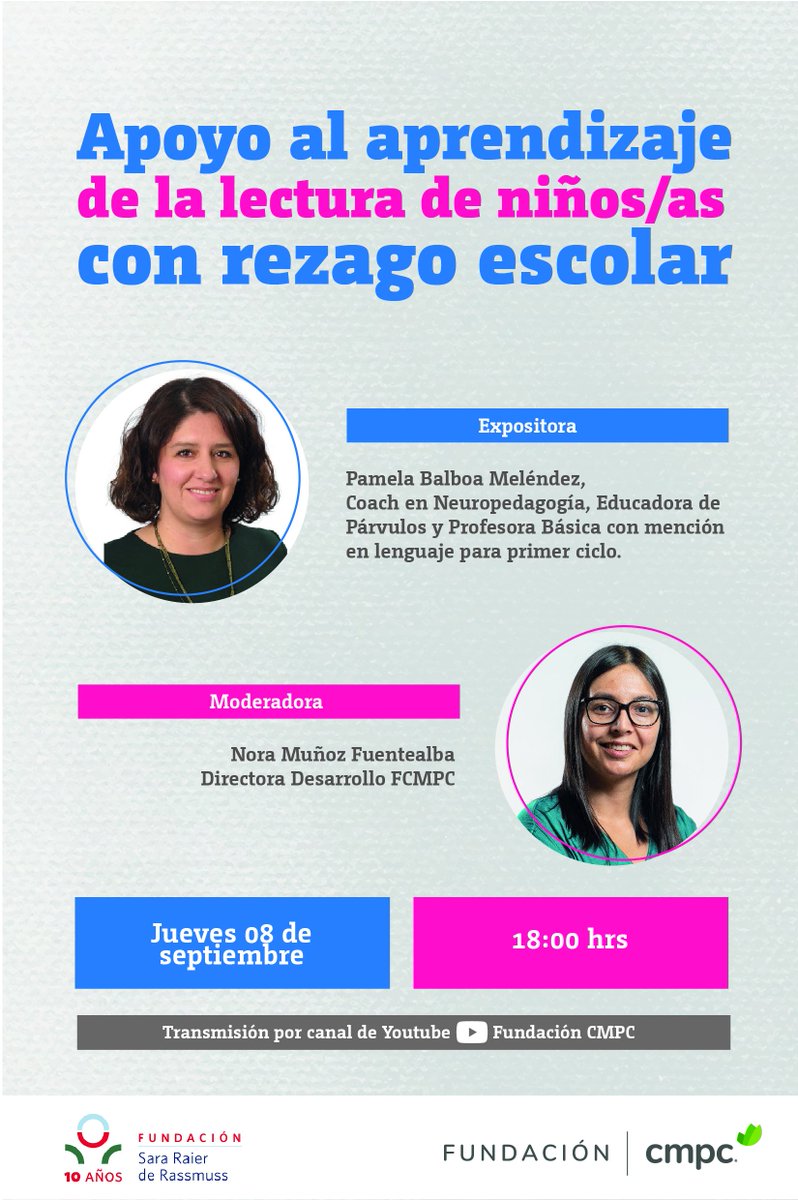 Hoy jueves 8 de agosto, a las 18:00 hrs, todos invitados al live "Apoyo al aprendizaje de la lectura de niños y niñas con rezago escolar", junto a Pamela Balboa de <a href="/FSRRchile/">Fundación Sara Raier de Rassmuss</a> . Síguelo a través del canal de Youtube de Fundación CMPC: bit.ly/3Kycn27