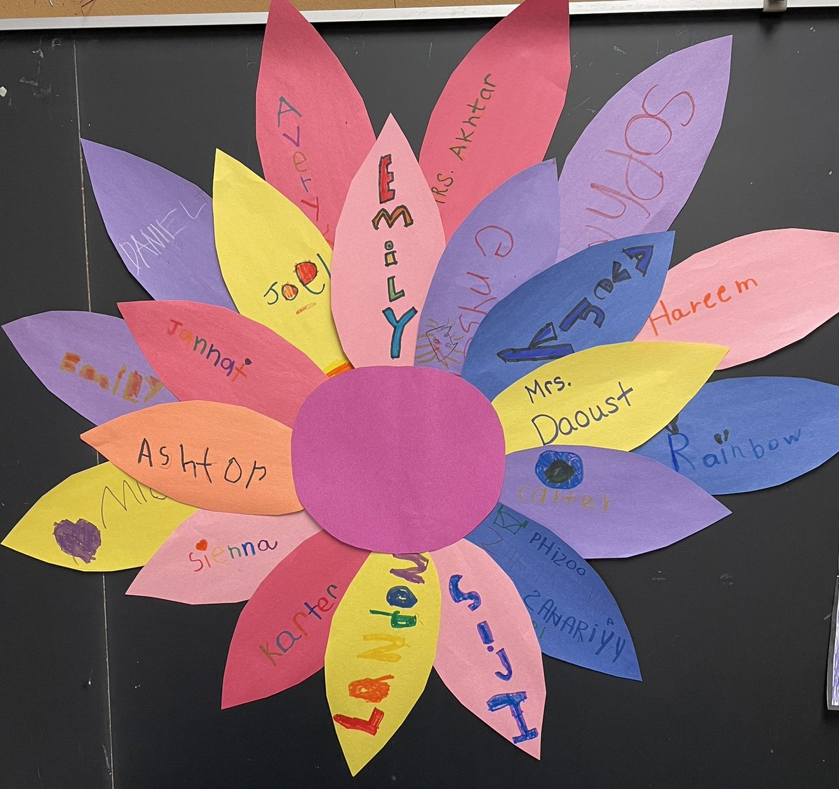 mrsdaoust's tweet photo. After reading Chrysanthemum, we created a class flower out of our name petals. https://t.co/Nv0R4ugW2g