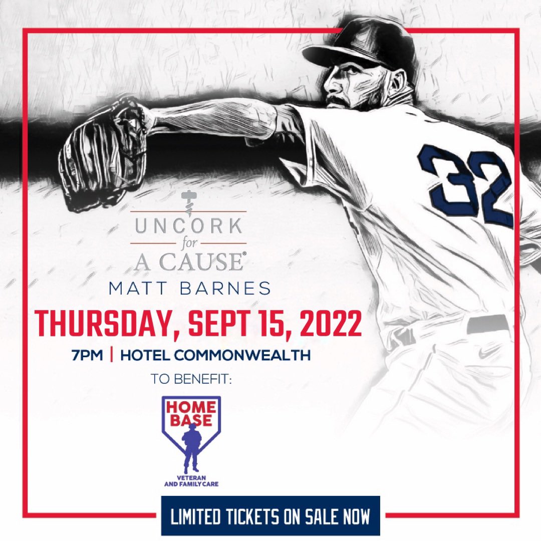 NEXT WEEK❗️ Join <a href="/mattbarnesRHP/">Matt Barnes</a>, <a href="/RedSox/">Red Sox</a> teammates &amp; special guests at <a href="/HotelCommonwlth/">Hotel Commonwealth</a> for an <a href="/UncorkforaCause/">Uncork for a Cause</a> charity 🍷 event benefiting Home Base next Thursday, 9/15! Attendees (must be 21+) will receive a bottle of Matt’s Sonoma Reserve red wine.

🎟: homebase.org/events/matt-ba…